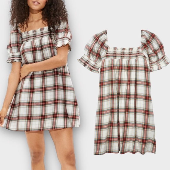 American Eagle Outfitters Dresses & Skirts - American‎ Eagle Plaid Babydoll Smocked Puff Sleeve Mini Dress Women's Medium